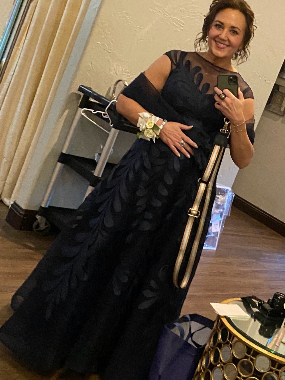 Elegant Designer Navy Appliqué Formal Gown with Sheer Yoke